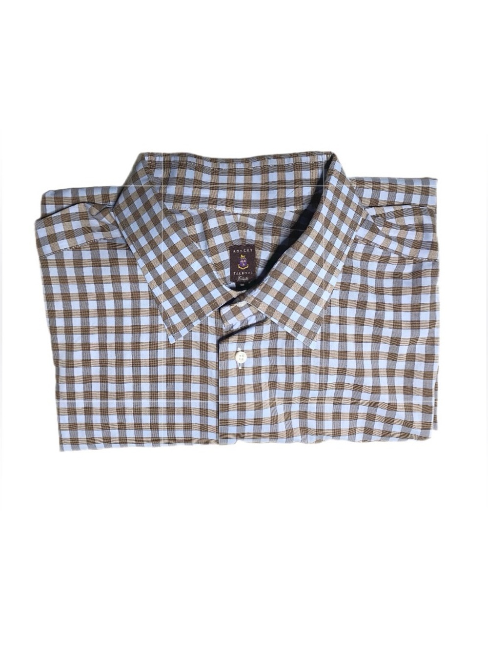 EUC Robert Talbott Brown and Light Blue Check Button-Down Shirt Size 20 36/37